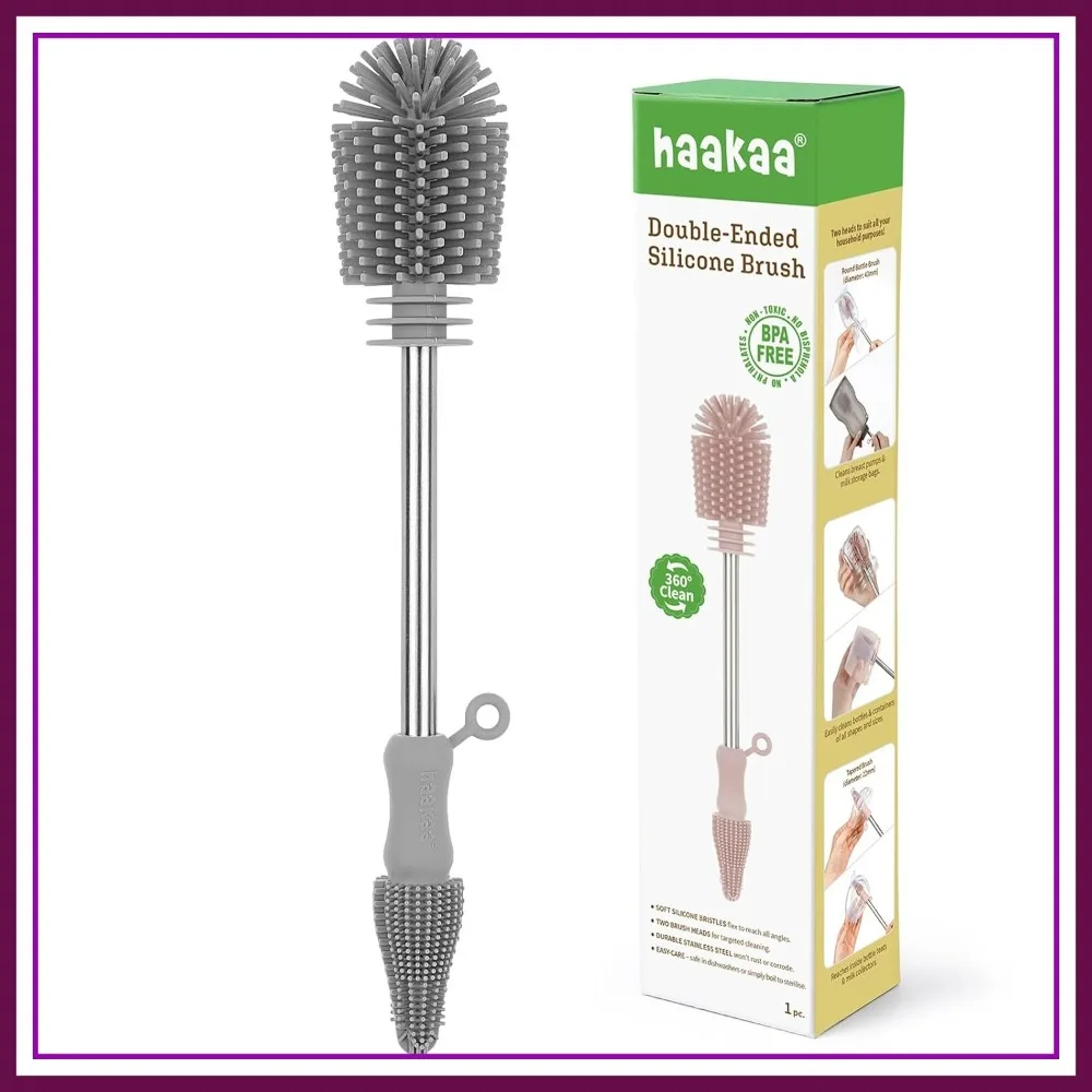 

Silicone Baby Bottle Brush - Double Ended Cleaning Tool for Breast Pump, Nipple, Milk Storage Bag - Food Grade Silicone - Grey
