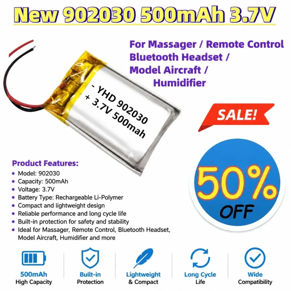 902030 500mAh 3.7V Lithium Polymer Battery For Massager Remote Control Bluetooth Headset Model Aircraft Humidifier