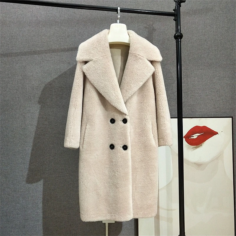 

Lady's Genuine Wool Fur Overcoat Parka Winter Warm Women Female Long Sheep Shearling Coat Jacket Teddy Color JT356