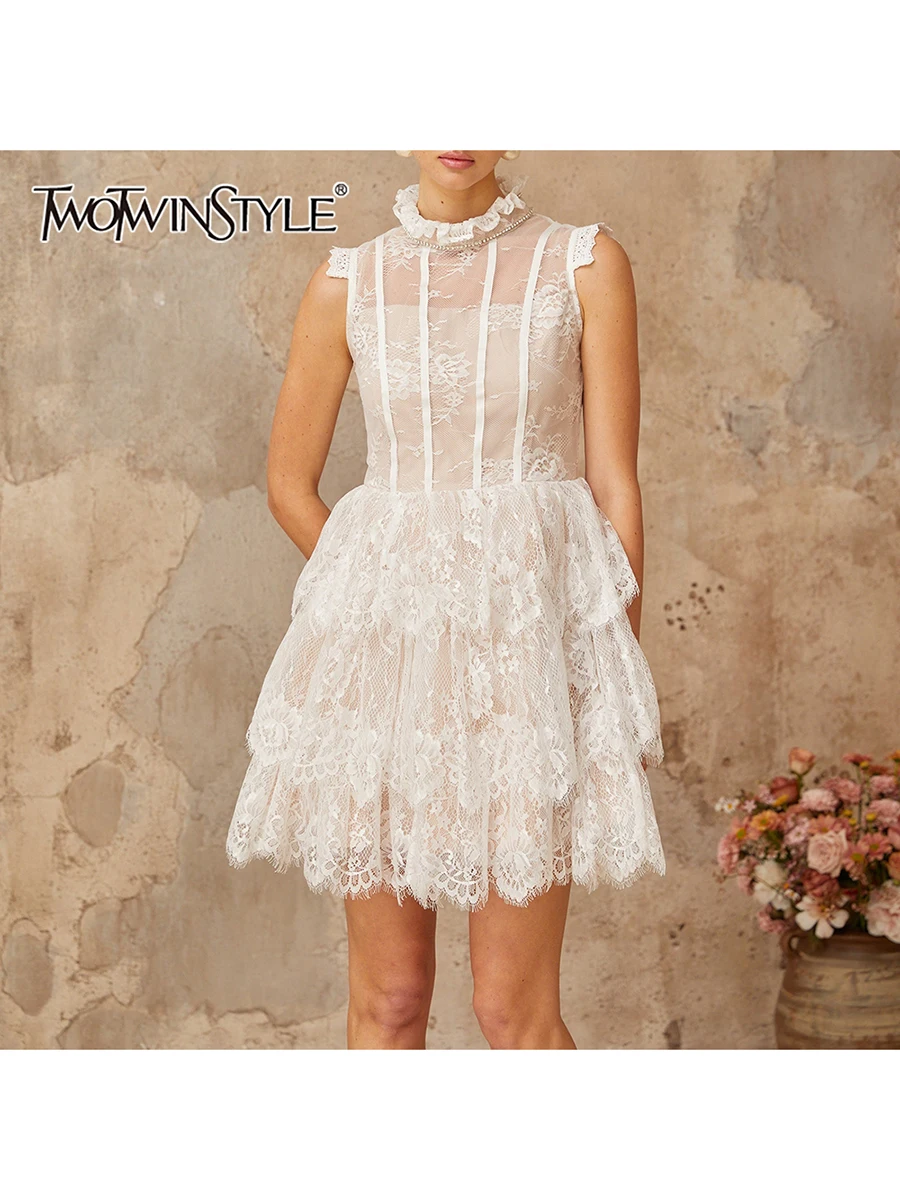 

TWOTWINSTYLE Patchwork Lace Ruffles Dresses for Women Stand Collar Sleeveless High Waist A Line Dress Female Fashion Clothing