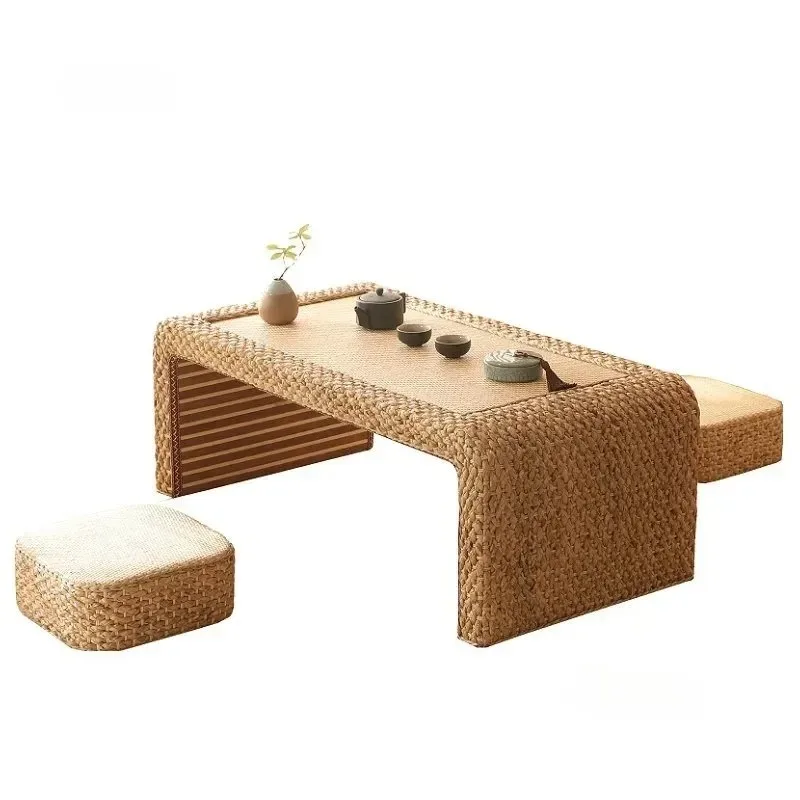 Tatami Rattan Coffee Table and Chair Set Living Room Coffee Table Balcony Leisure Coffee Table for Living Room