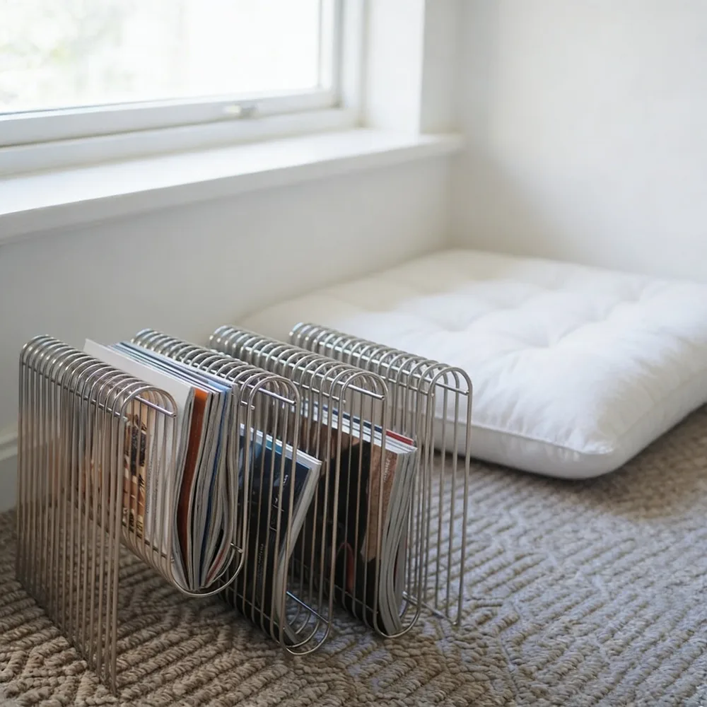 Industrial Side Table with Storage, Metal Newspaper Rack Design, Creative Sofa Table for Books & Decor, Modern Wire Basket
