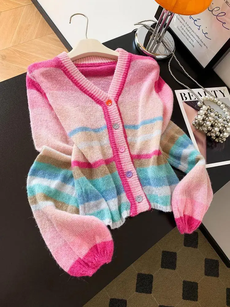 

Autumn Winter Pink Red Striped Patchwork V-neck Cardigans Sweaters French Women Long Sleeve Single Breasted Knitted Tops Popular