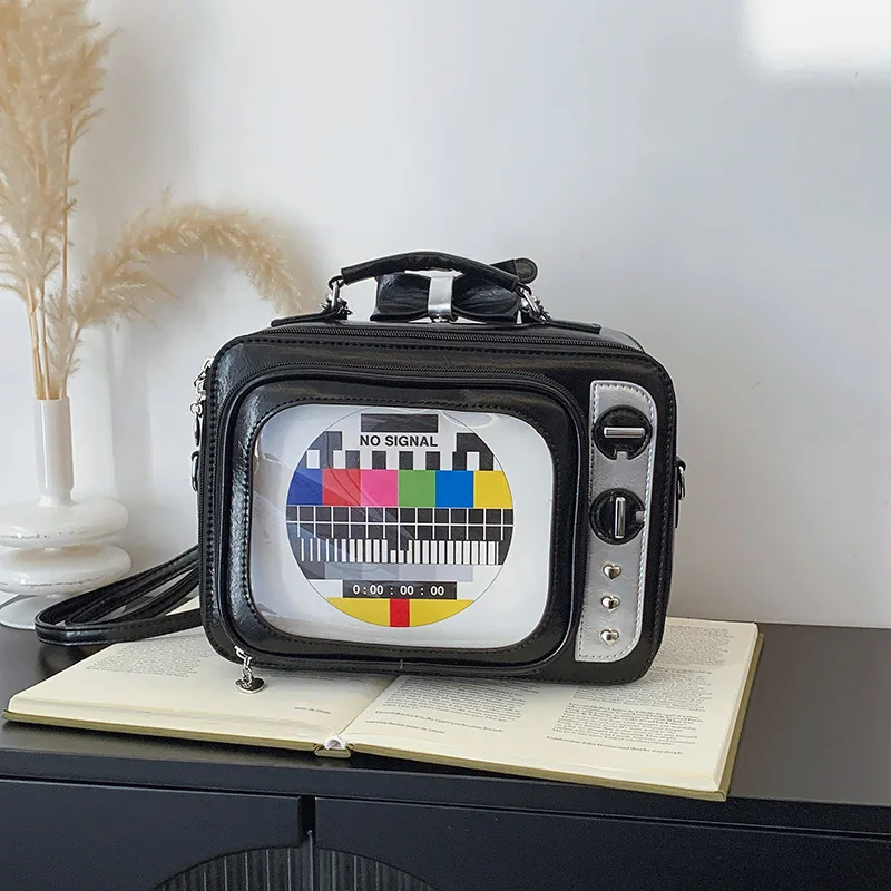 حقيبة ظهر نسائية مع موضوع تلفزيون قديم ومقصورات وظيفية وحقيبة كتف مربعة من البولي يوريثان ومحفظة كروس للأساسية #3