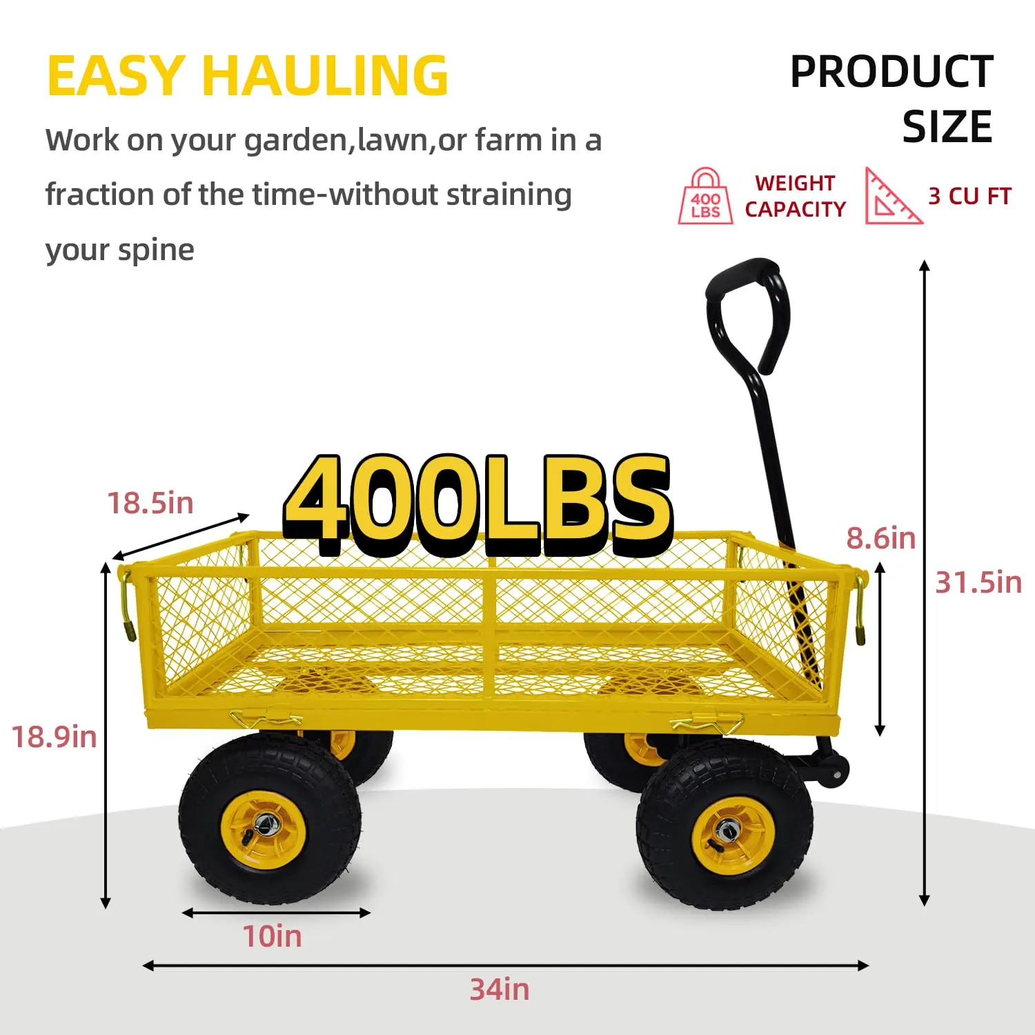 Heavy Duty Steel Garden Cart 400 lbs Removable Mesh Sides Convert Flatbed Utility Wagon 180° Rotating Handle, Customized