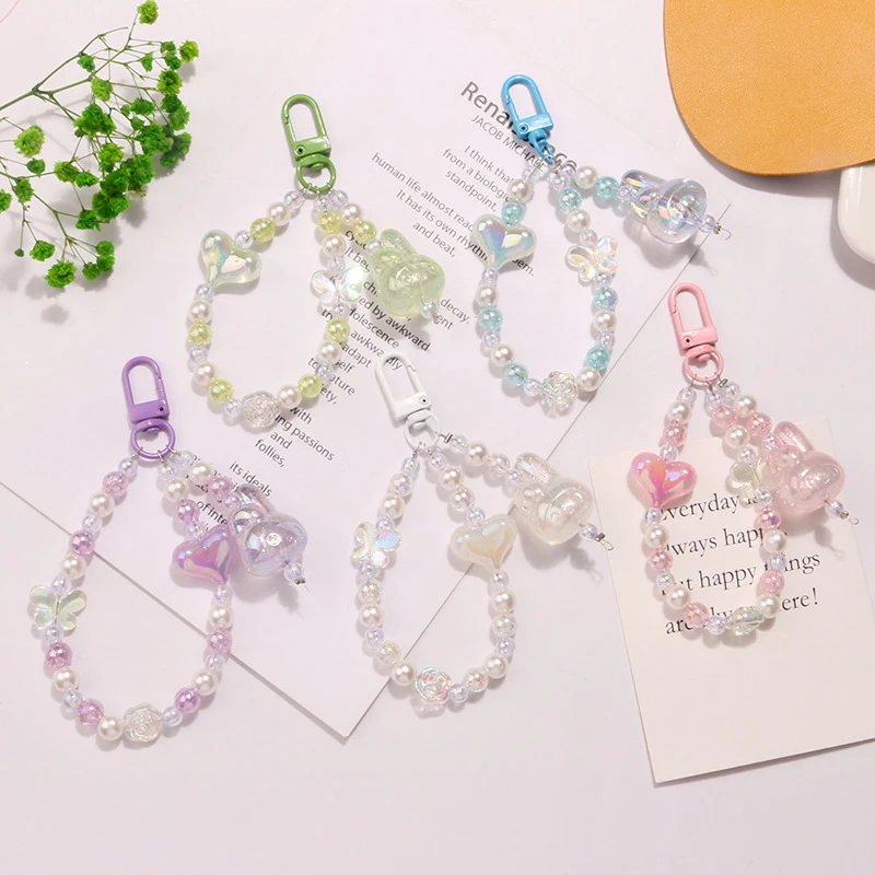 Cute Butterfly Flower Keychains For Women Sweet Acrylic Colorful Beaded Keyring Bag Decoration Earphone Case Pendant Accessories