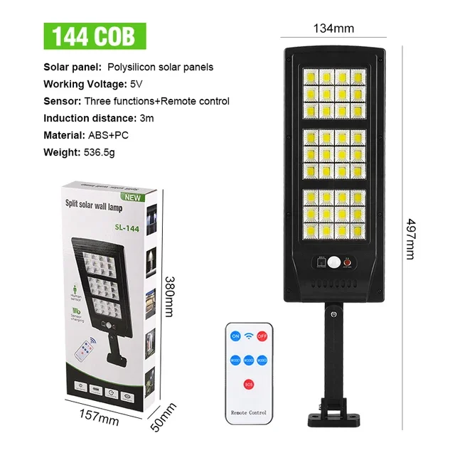 Lampu Dinding tenaga surya, Sensor gerak 6000K 144/180 LEDs COB lampu dinding tenaga surya luar ruangan garasi taman IP65 lampu jalan LED tahan air dengan Remote Control