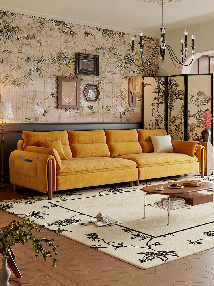 2025 new French log wind sofa, down living room small apartment American retro green snowflake velvet fabric