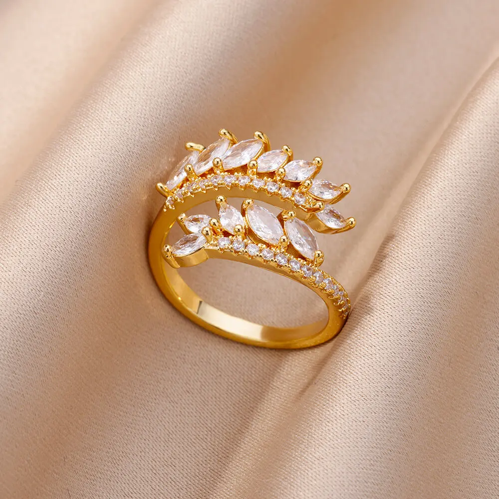 Zircon Leaves Rings for Women Luxury Aesthetic Stainless Steel Ring 2024 Trend Wedding Couple Jewelry Gifts free shippping items