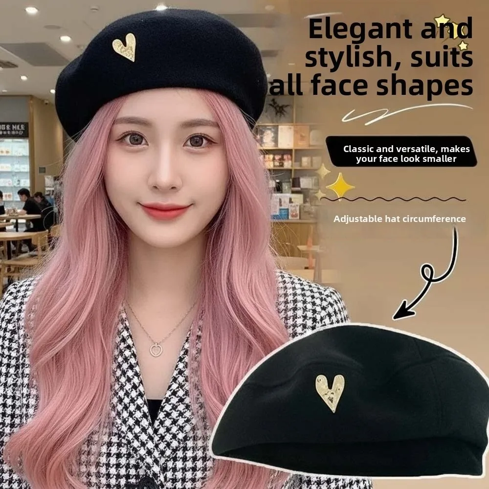 Soft Vintage Beret Hat Heart Decor Thermal Texture Newsboy Octagonal Hat Classic Color Exquisite Retro Painter Bonnet