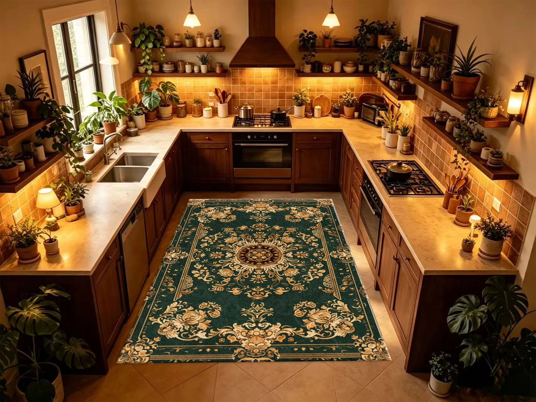 Dark Green Gold Luxury Floral Square Area Rug European Baroque Medallion Printed Floor Carpet for Living Room Bedroom Home Decor