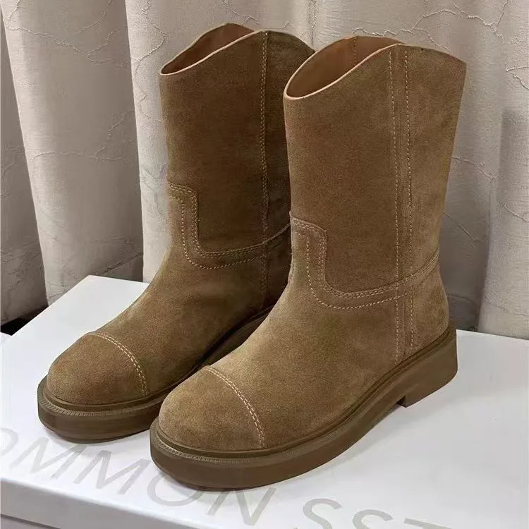 

Thick-soled Fashion Short Women's Boots Retro Versatile Round Toe Low Heel Winter Boots Women's Shoes Western Cowboy Retro Boots