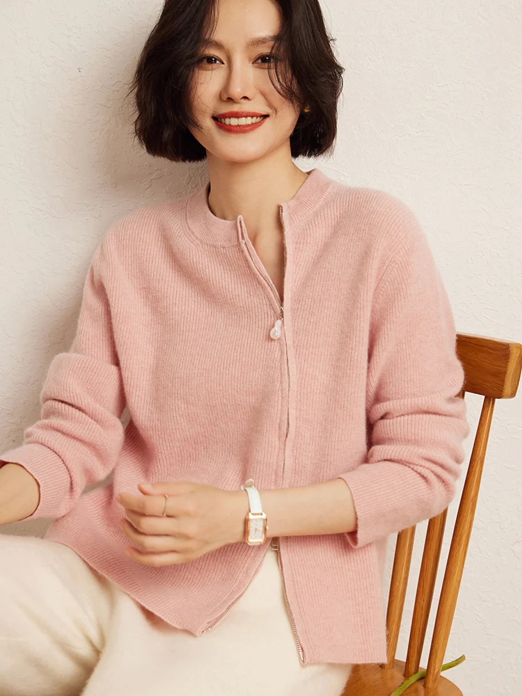 2025 Chic Women 100% Cashmere Sweater Pearl Double Headed Zipper Slanted Placket Cashmere Cardigan Autumn Winter Luxury Soft Top