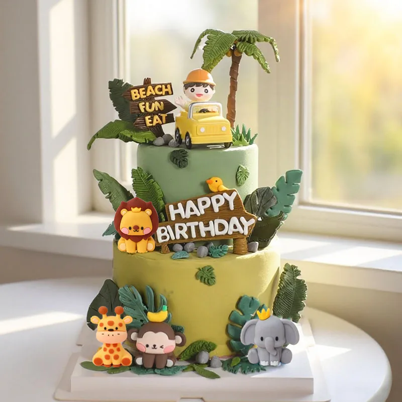 Löwe Elefant grüner Baum Wald Thema Kuchen Topper Auto Junge Dschungel Tier Safari Geburtstag Party Dekor Kinder Geburtstag Party Kuchen Kit