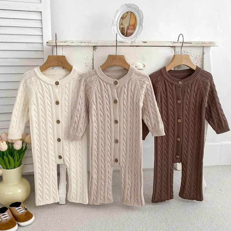 

2024 New Autumn Infant Baby Girls Boys Knitted Solid Color Jumpsuit Toddler Baby Girl Boys Knitted Romper Children Clothes