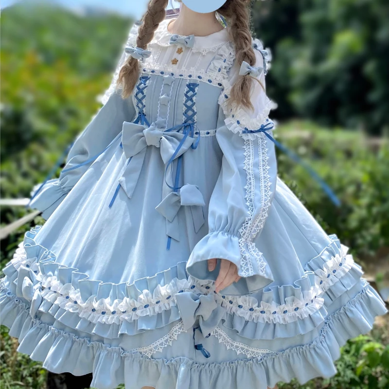 Originale giapponese dolce Lolita Op abito da donna carino piccola stella volant manica lunga abito da principessa femminile Kawaii Tea Party Dress