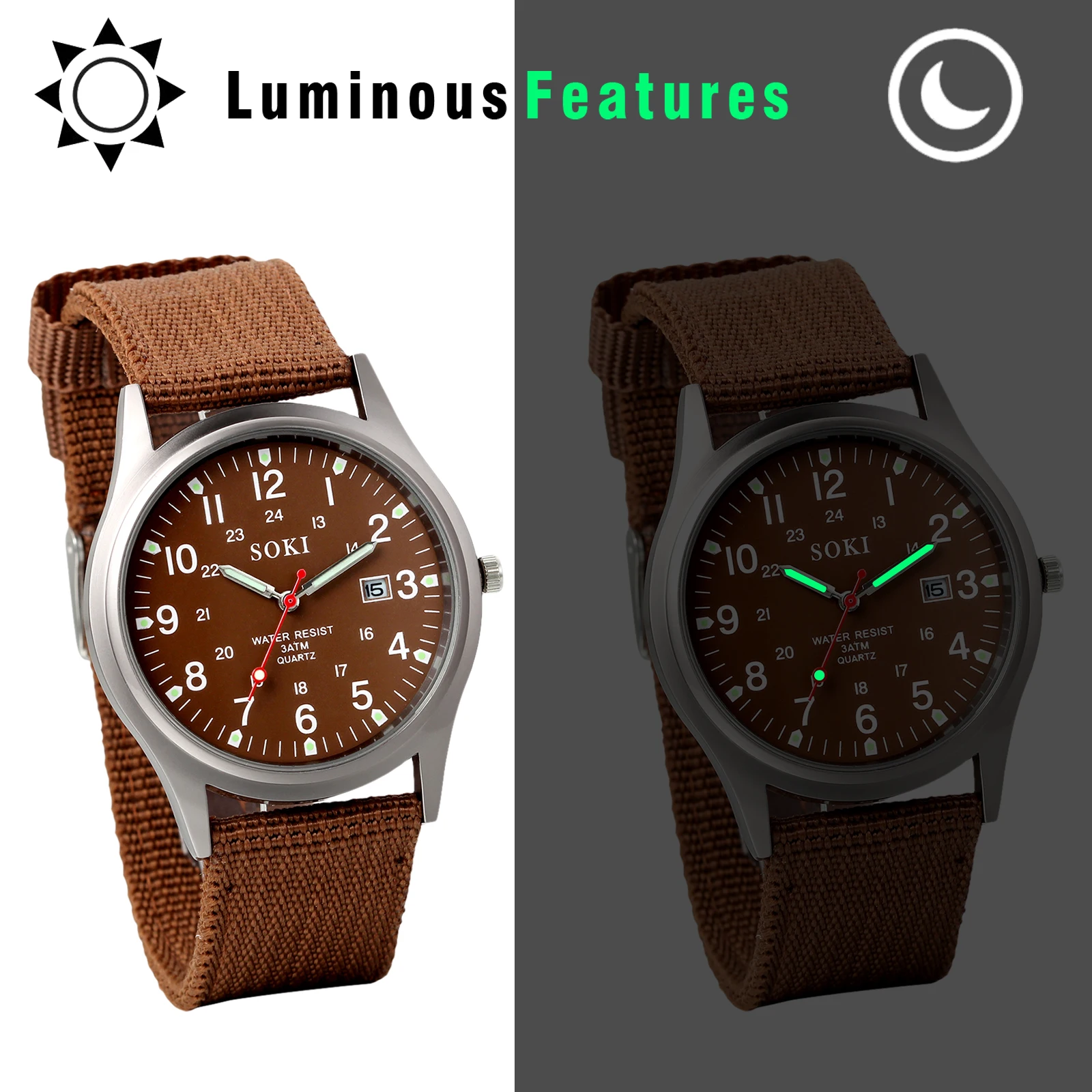 LANCARDO Field Waterproof Date 24 Hours Strong Luminous Hands Analog Quartz Large Dial Tactical Clear Nylon Strap Watch for Men