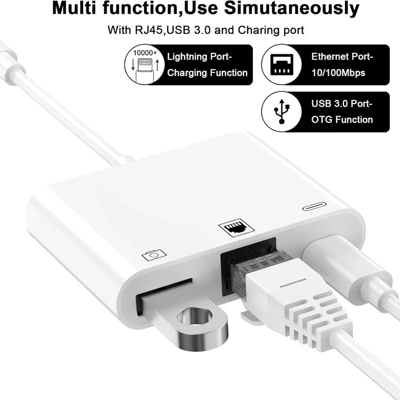 RJ45 Ethernet Adapter For Lightning iPhone 14 13 12 11 8 7 6 5 /iPad/iPod Ethernet 3 in 1 Adapter with Charging Port USB OTG