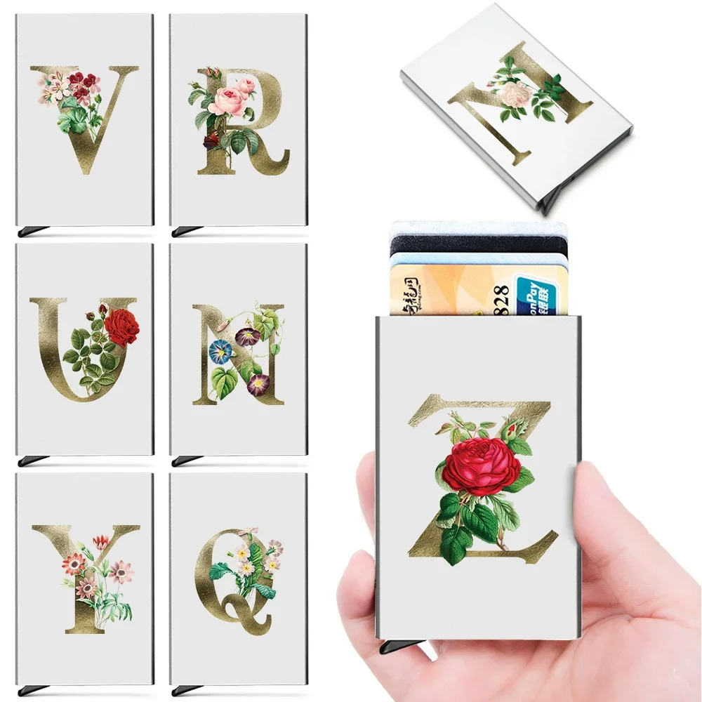 

Men Anti-theft ID Credit Thin Aluminium Metal Card Holder Portable Carte Golden Flower Print Wallets Pocket Case Credit Card Box