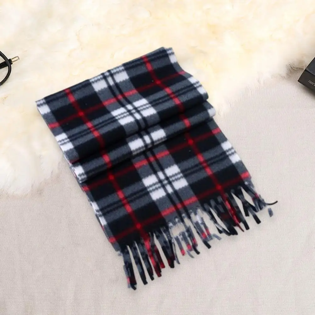 Tassel Decor Scarf Plaid Print Tassel Winter Scarf for Unisex Thick Warm Double sided Plush Long Wide Neck for Ladies