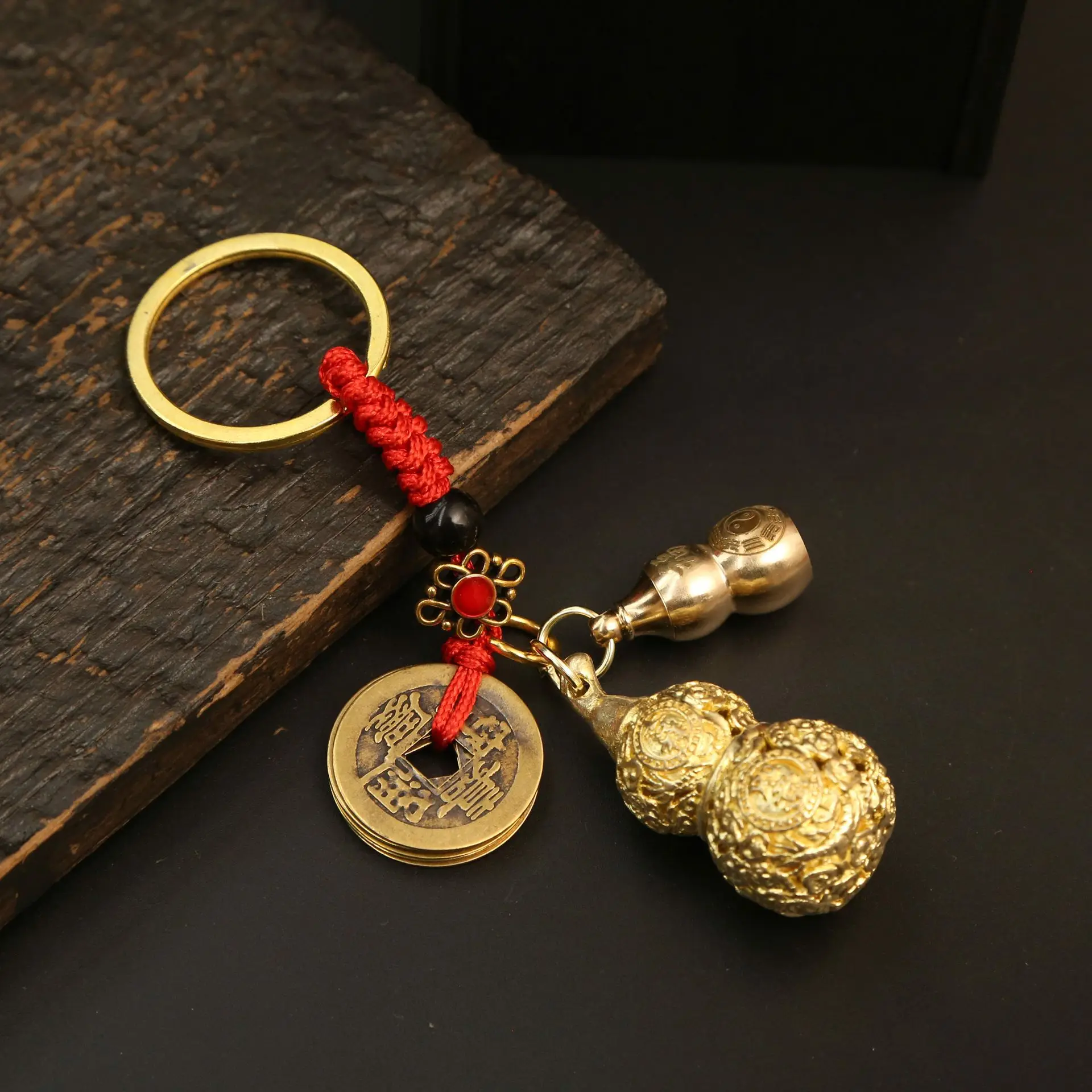 Vintage Pure Handmade Five Emperor Money Brave Troops Calabash Brass Feng Shui Coins Lucky Chinatown Style Metal Key Ring