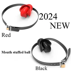 Leather Collar with Lock BDSM Silicone Mouth Plug Water Ball Plug Slave Game Couple Flirting Tongue Fixed Gag Adult Sex Toys