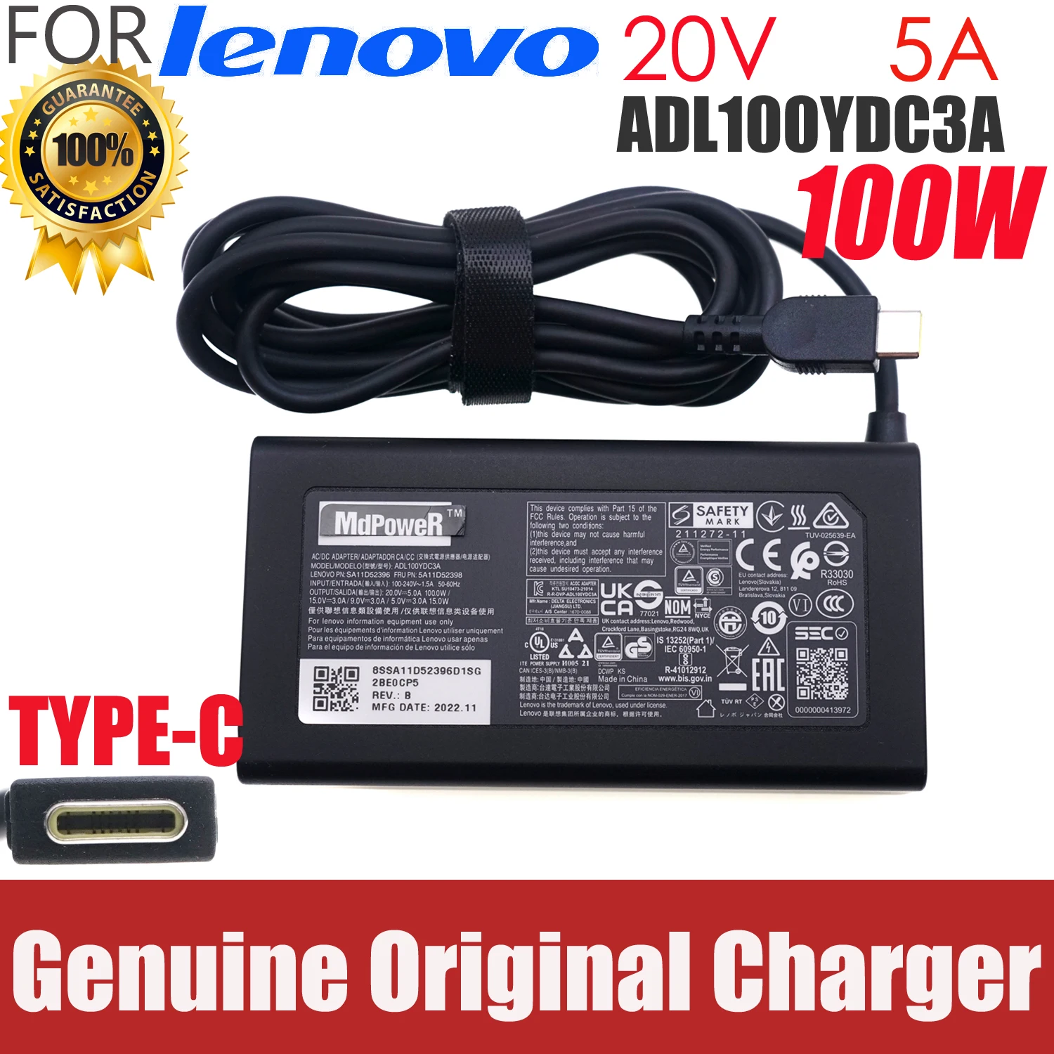 

Original 20V 5A 100W ADL100YDC3A For Lenovo Idea Pro16 Charger Type-C AC Adapter ADL100YLC3A SA11D52396 ADL100YCC3A ADL100YAC3A