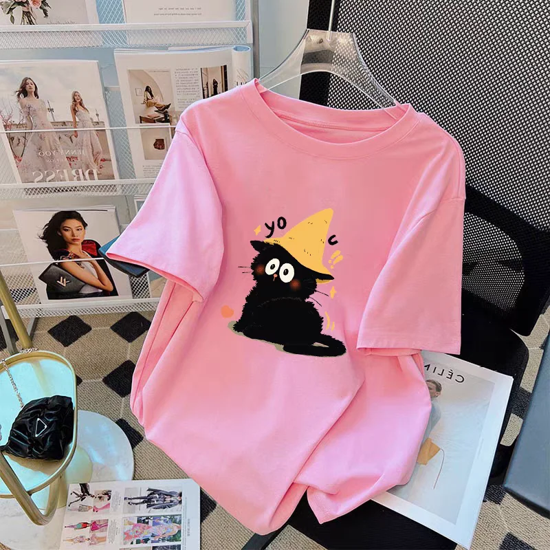 

Cotton American short-sleeved shirt 2025 new female summer loose cute kitten print splicing T-shirt round neck bottoming shirt
