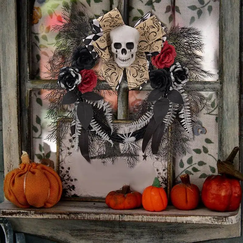 

Gothic Wreath Decoration Handmade Artificial Wreath Halloween Door Hanging Decor Portable Skull Wreath for Indoor Outdoor Home