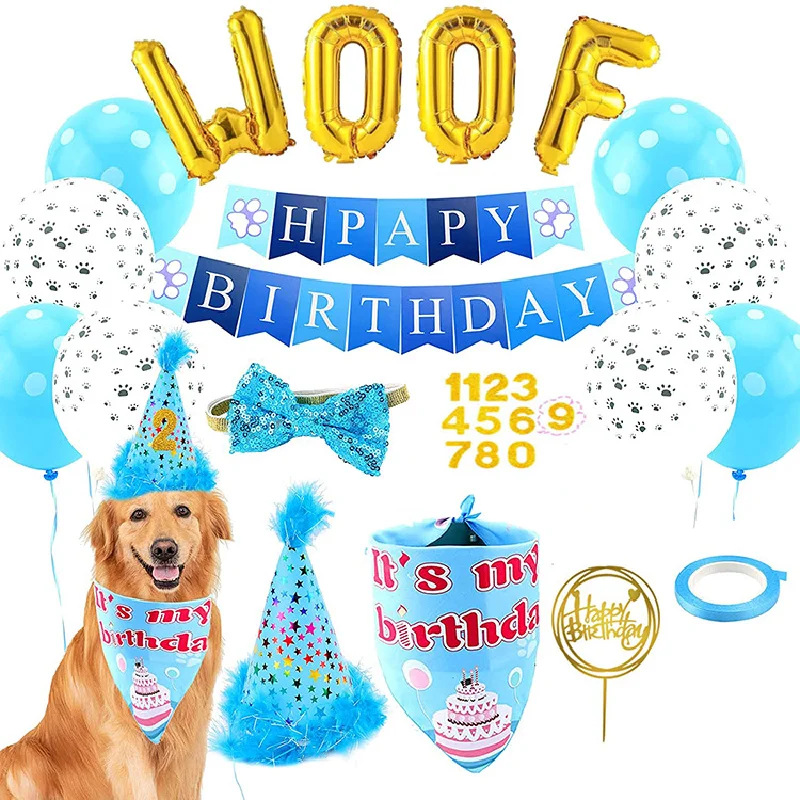 

Dog Birthday Woof Balloon Banner Hat Bib Cake Topper Bow Tie Set Puppy Birth Celebrating Party Decoration Slogan Hats Princess
