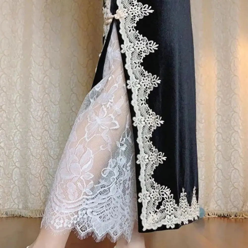 Jupe en dentelle brodée pour femme, taille haute élastique, bordure florale, ligne A, doublure Cheongsam rétro