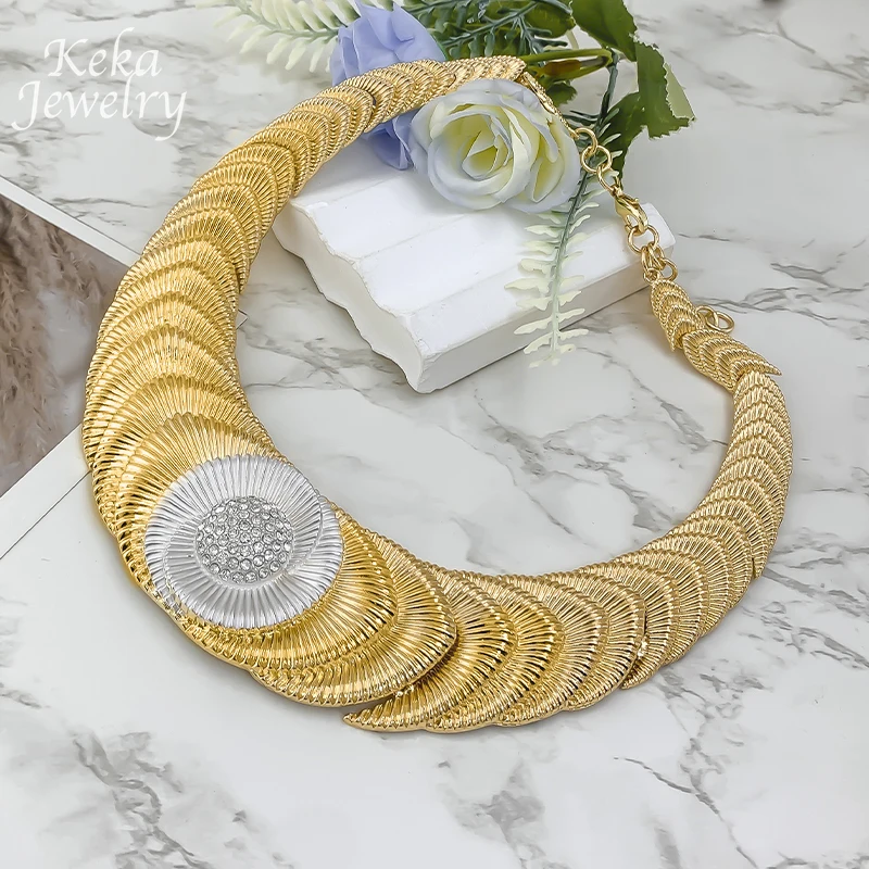 

Chunky Choker Two Tones 4Pcs Jewelry Set for Women Collar Necklace Bracelet Drop Earrings Ring Engagement Wedding Party Gifts