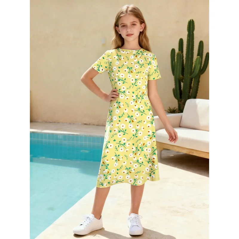 

Girls' Small Floral Print Short-Sleeve Dress Casual Vacation Fashion Children's Clothing 2026