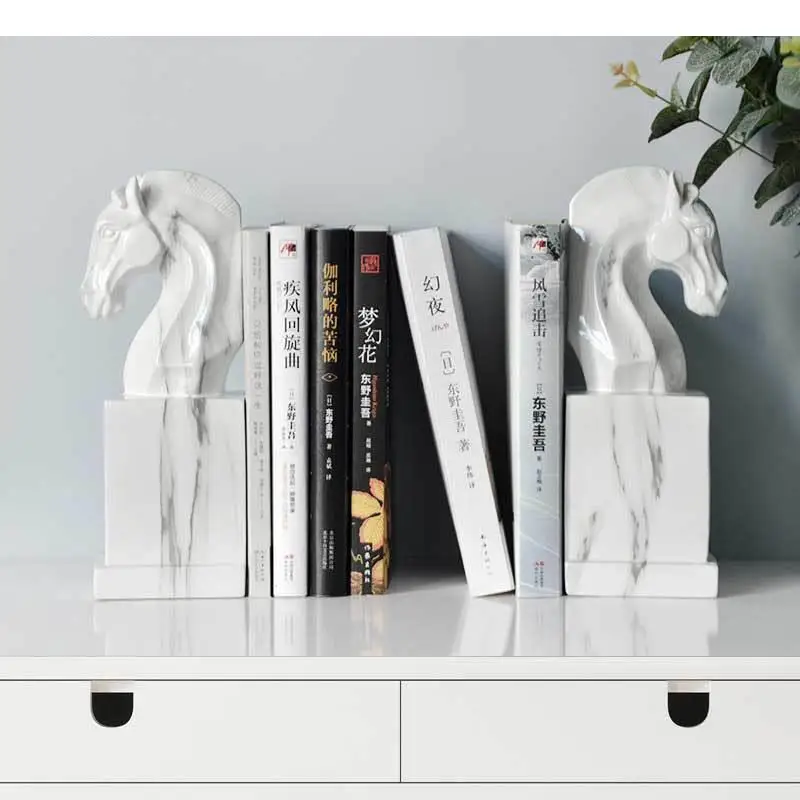 Marble Texture Horse Book Stand Bookend Resin Sculpture Library Desk Decoration Furnishings Statue Modern Home Decor