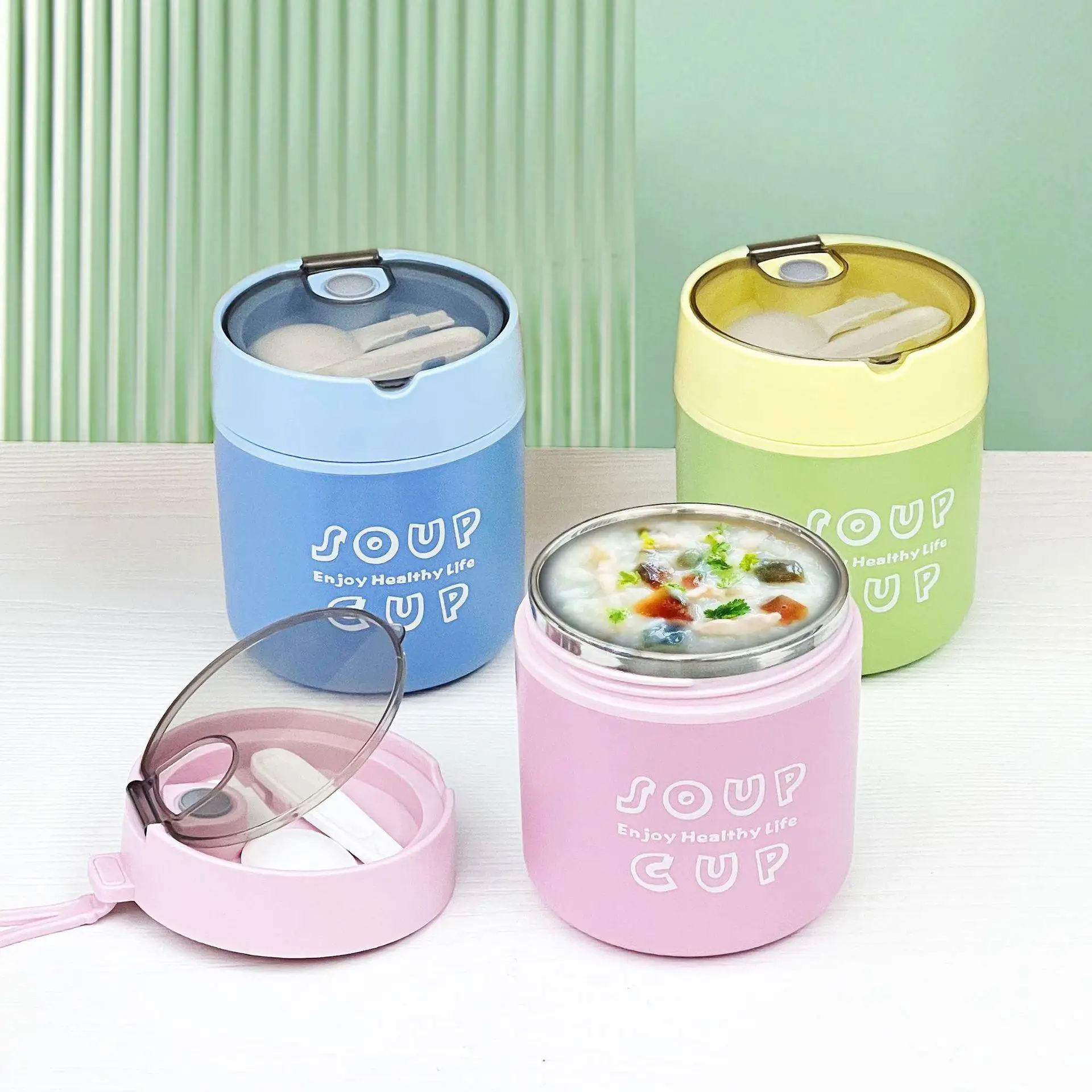 

Portable Stainl Steel Breakfast Porrie Cup Soup Cup with Lid Spoon Rice Box Barrel Milk Soy Milk Cup Soup Pot Soup Box