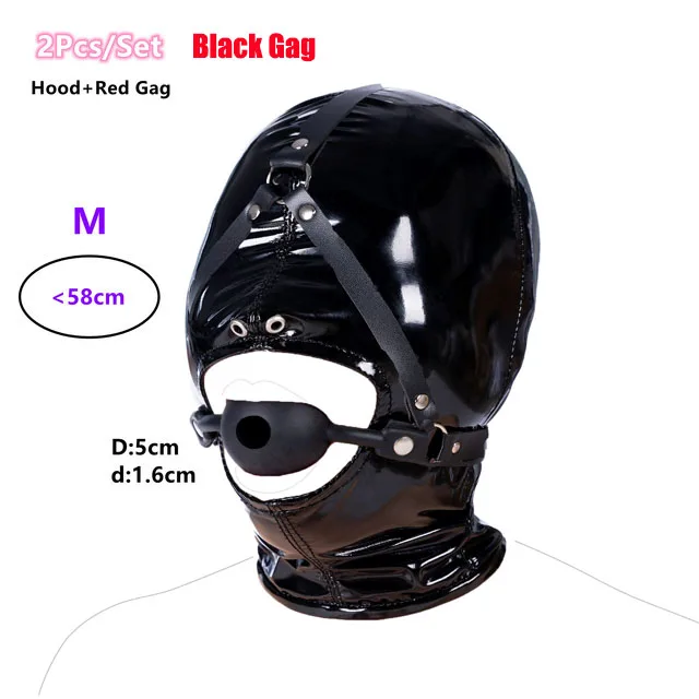 Leather Wetlook BDSM Mask Hood Gimp Open Mouth,Silicone Ball Gag with Hole,Bondage Gear Head Harness,Erotic Sex Toys For Couples