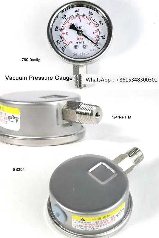 1PCS Stainless steel shell pressure gauge -760-0 MmHg installed at the bottom of the vacuum pressure gauge