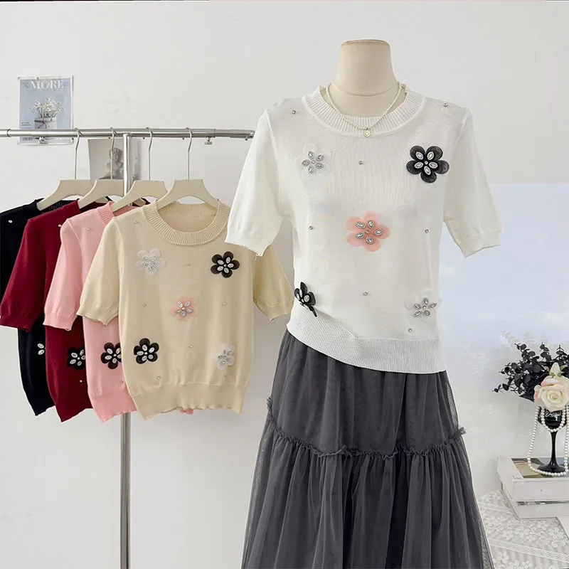Diamond-mounted Stereoscopic Flower Knitted Pullover Women 2026 Summer Korean Style Short Sleeve Tops O-neck Slim-looking Tees