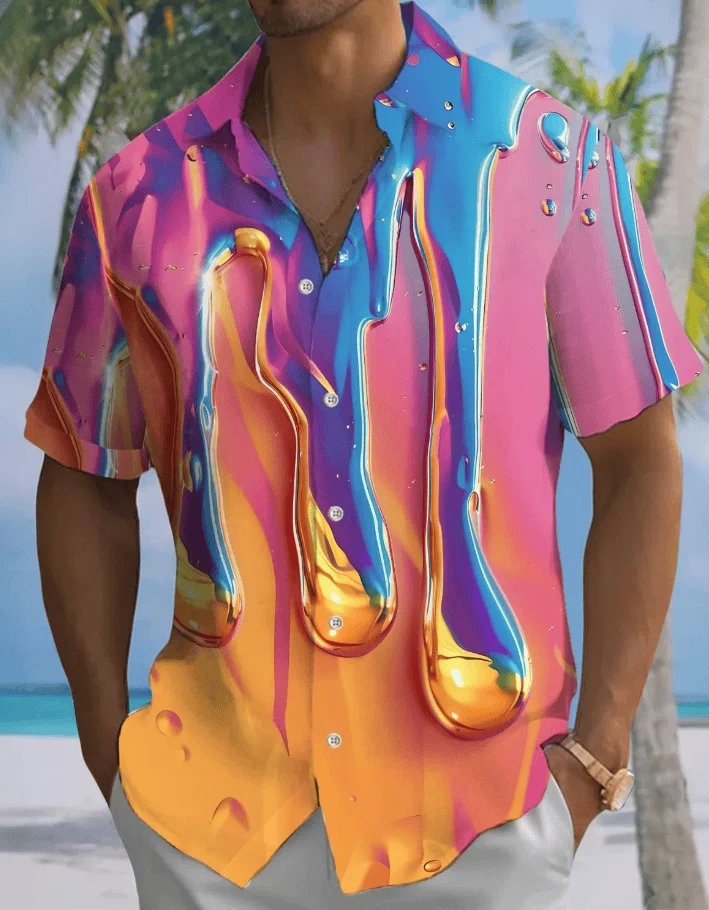 

2026 Men's New Hawaiian Shirt Street Gradient Contrast Printed Short Sleeve Summer Leisure Seaside Vacation Style Large T-shirt