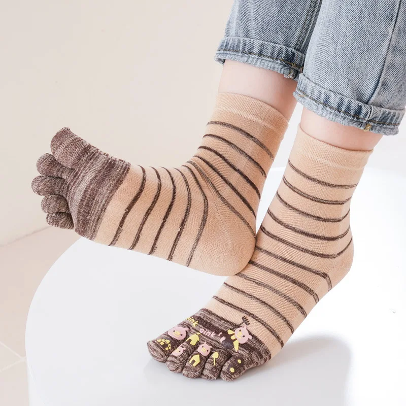5 Pairs Women's Five-finger Socks Medium Tube Autumn and Winter Sub-toe Cute Animation Cartoon Cotton Socks