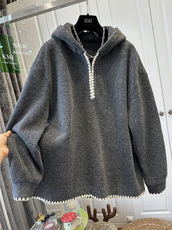 플러스 사이즈 여성용 안감 후드티 특별 대형 M300 푸 컬러 블록 지퍼 디자인 트렌디 겨울 신상품