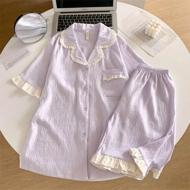 Women Ruffled Pajamas Set Summer Soft New 2026 Sleepwear Solid Simple Short Sleeve 2 Piece Loungewear Korean Sweet Nightwear