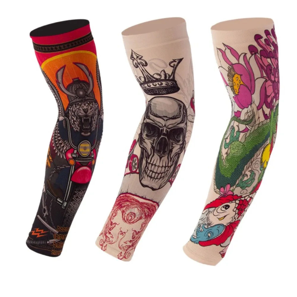 Elastic Flower Arm Tattoo Sleeve Breathable UV Protection Men Sunscreen Sleeve Long-sleeved Sunscreen Ice Silk Arm Sleeve Sports