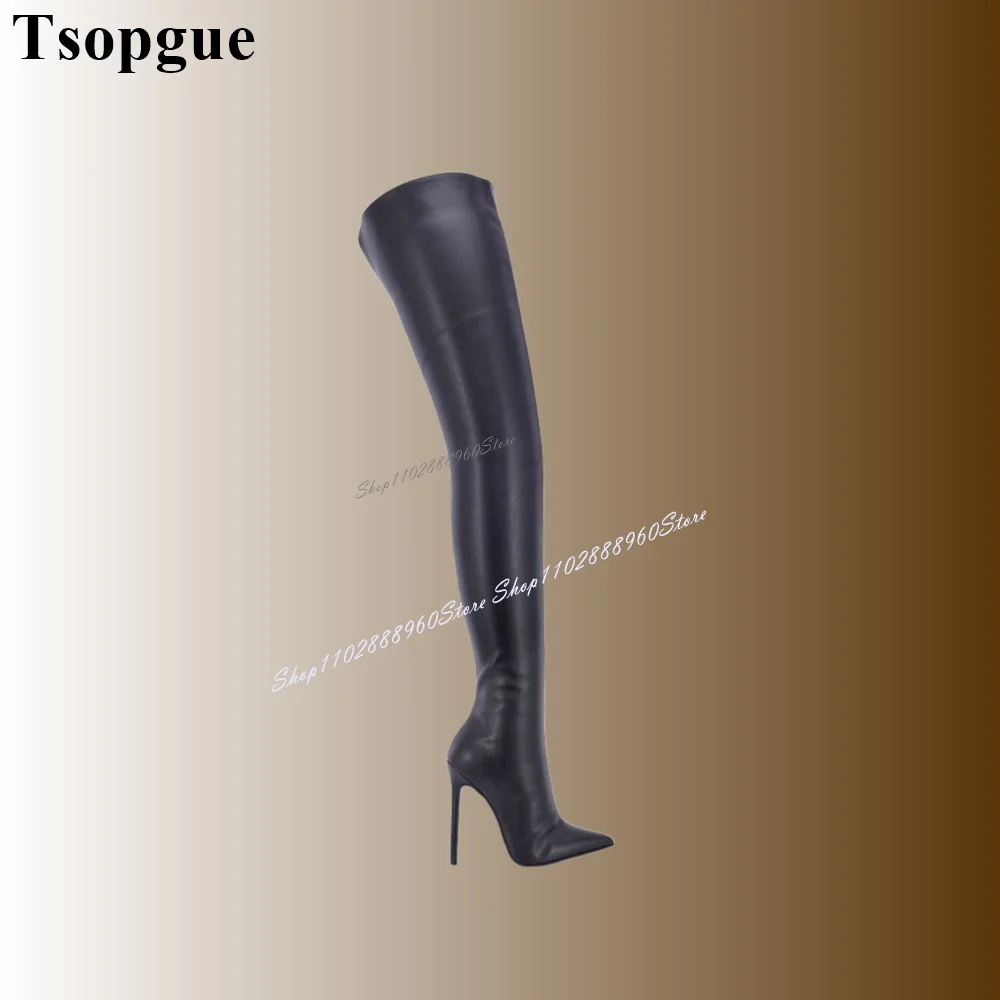 

Sexy Style Thigh High Black Matte Leather Slim Boots Thin High Heel Women Shoes Side Zipper Pointed Toe 2024 Zapatos Para Mujere