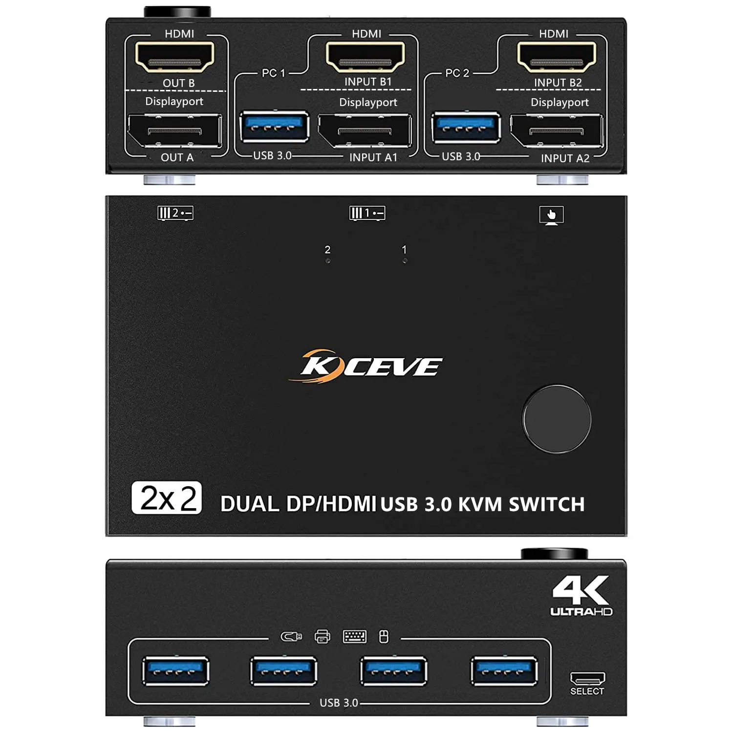 

4K DP HDMI USB 3.0 KVM Switch 2 Computer 2 Monitors,KCEVE Dual Monitors Displayport KVM Switcher for 2 PC Share Keyboard, Mouse