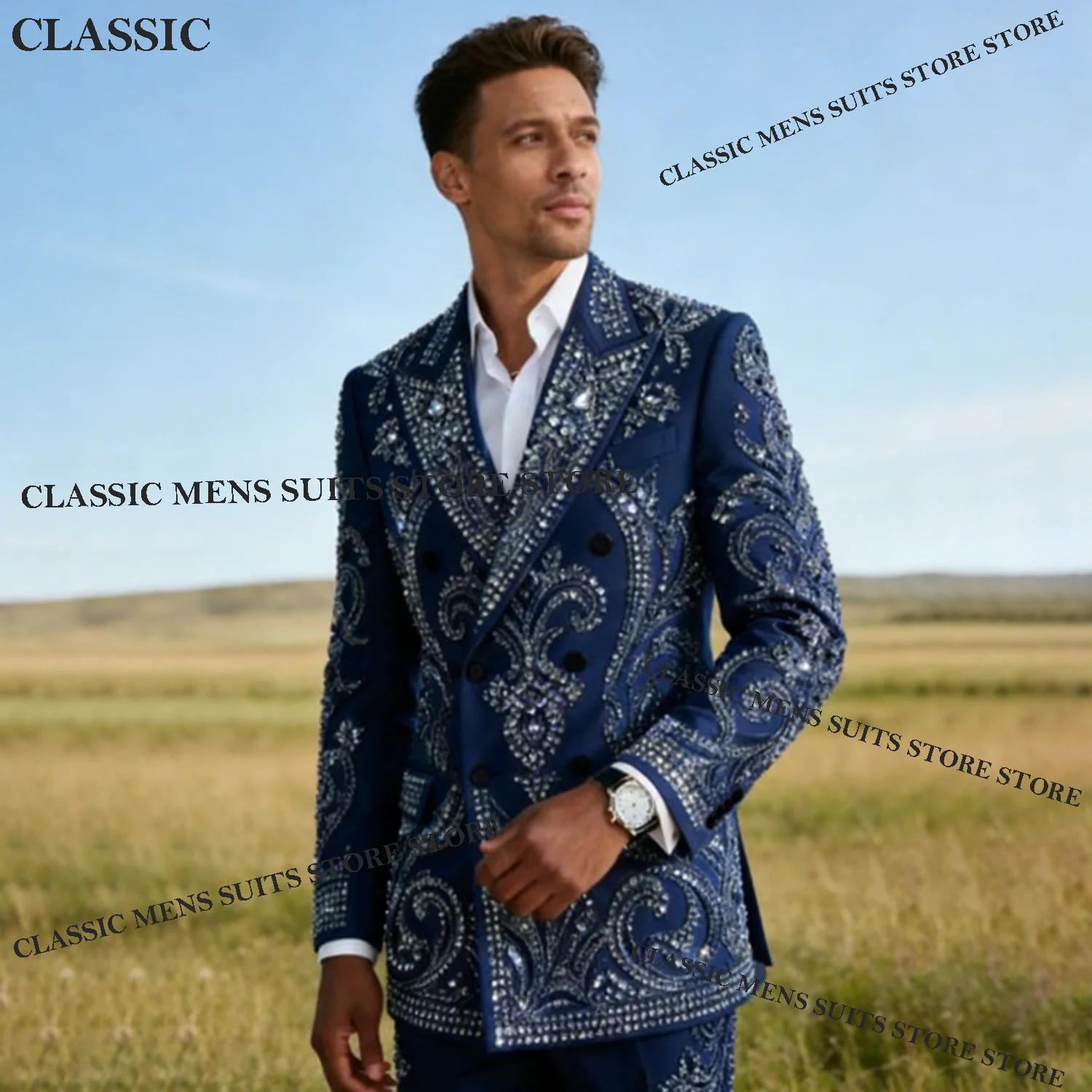 

Handmade Sequins Lapel Long Coats Pants Customized Blazer 2 Pieces Suits Business Men Sets Groom Wear Wedding Tuxedos