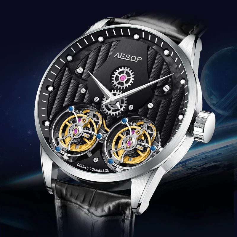 Ready Stock! AESOP（manual 7030G）Double Tourbillon Mechanical Watch Men Skeleton Luminous Waterproof Business Wristwatch