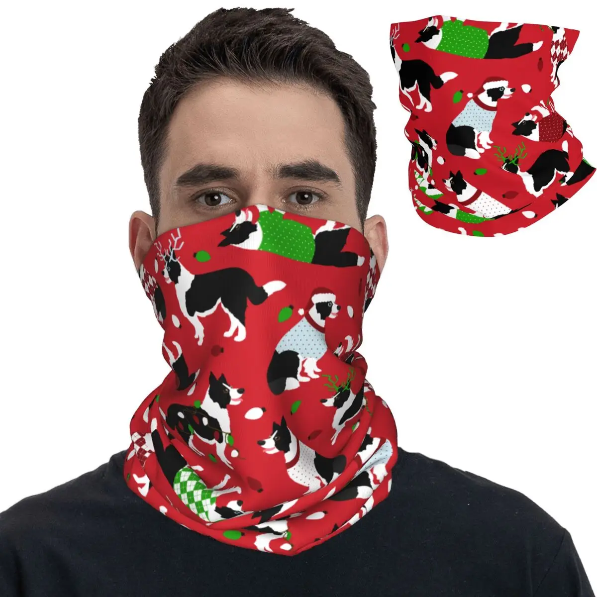 Christmas Border Collie Dog Bandana Neck Cover Printed Balaclavas Face Scarf Warm Headwear Running Unisex Adult Windproof