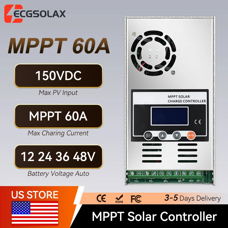 

ECGSOLAX 60A MPPT контроллер заряда солнечных батарей 12В 24В 36В 48В, автоматический контроллер солнечной зарядки 60А, контроллер солнечных батарей с ЖК-дисплеем, макс. напряжение PV 150В DC