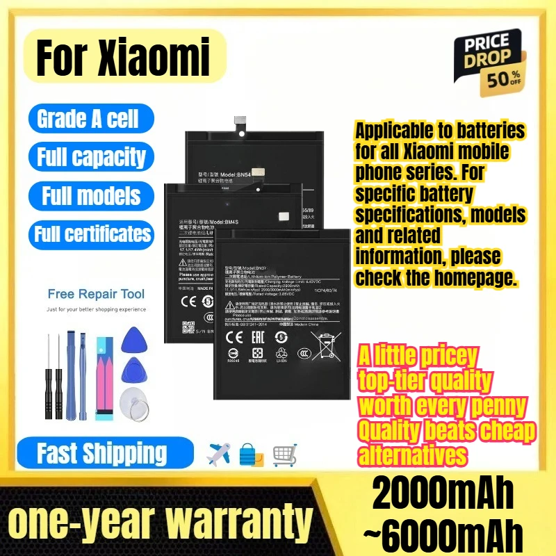 Battery for Xiaomi Redmi 2/3/4/5/5plus/6/7/8/9/9T/10C/12/123/14/GO/PRO/A2/A3/A5 Replacement Bateria Grade A Cell with Tools